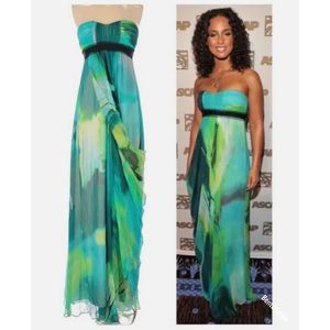 NWT BCBG Chiffon Silk Watercolor Blue Green Gown 2